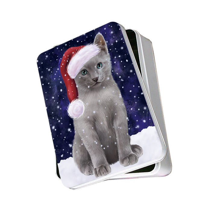 Let it Snow Christmas Holiday Russian Blue Cat Wearing Santa Hat Photo Storage Tin PITN54264