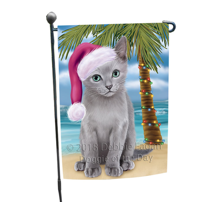 Summertime Happy Holidays Christmas Russian Blue Cat on Tropical Island Beach Garden Flag GFLG54640