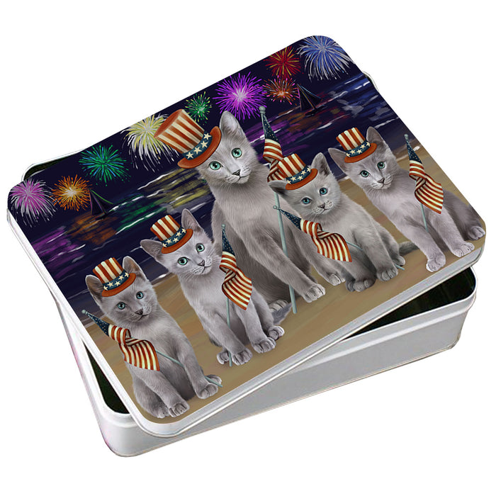 4th of July Independence Day Firework Russian Blue Cats Photo Storage Tin PITN52452