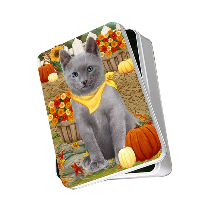Fall Autumn Greeting Russian Blue Cat with Pumpkins Photo Storage Tin PITN52343