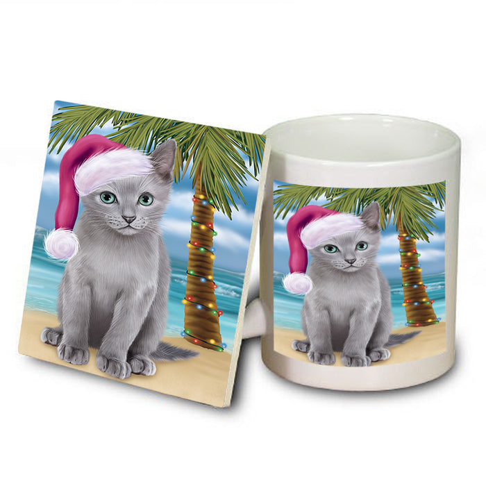 Summertime Happy Holidays Christmas Russian Blue Cat on Tropical Island Beach Mug and Coaster Set MUC54442