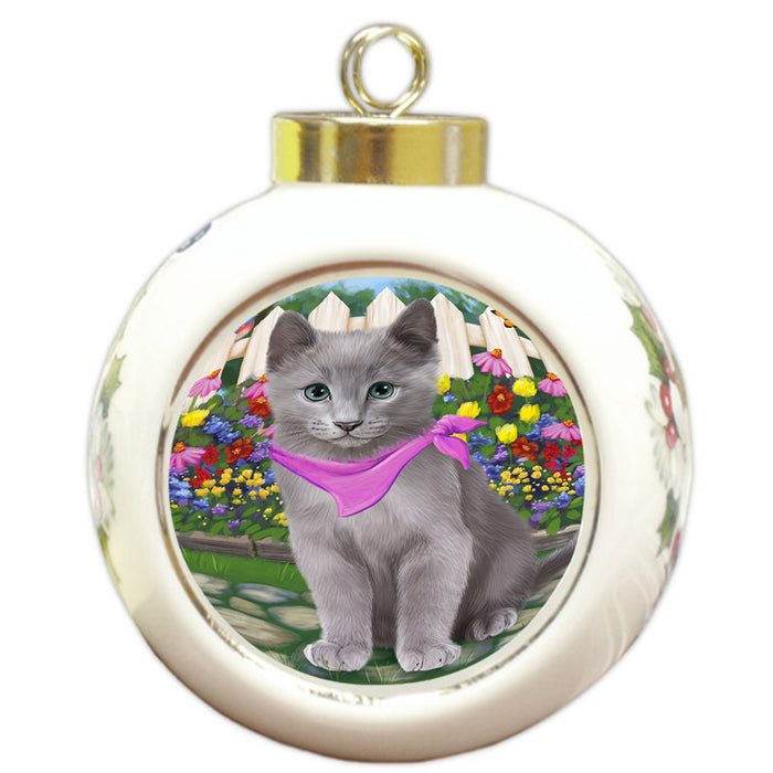 Spring Floral Russian Blue Cat Round Ball Christmas Ornament RBPOR52272