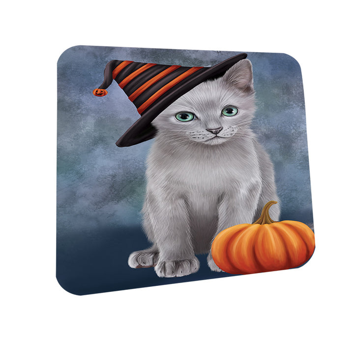 Happy Halloween Russian Blue Cat Wearing Witch Hat with Pumpkin Coasters Set of 4 CST54699