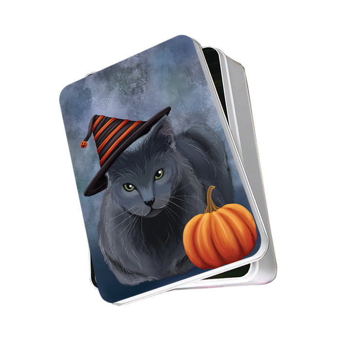 Happy Halloween Russian Blue Cat Wearing Witch Hat with Pumpkin Photo Storage Tin PITN54745