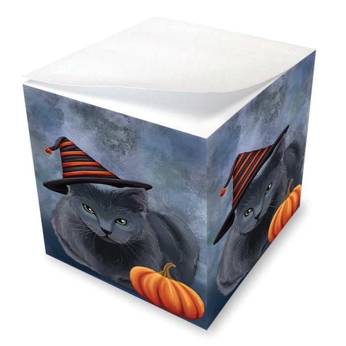 Happy Halloween Russian Blue Cat Wearing Witch Hat with Pumpkin Note Cube NOC56448