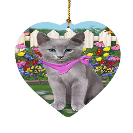 Spring Floral Russian Blue Cat Heart Christmas Ornament HPOR52272