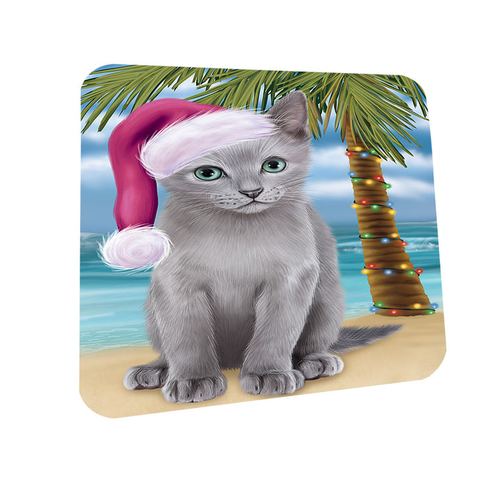 Summertime Happy Holidays Christmas Russian Blue Cat on Tropical Island Beach Coasters Set of 4 CST54408