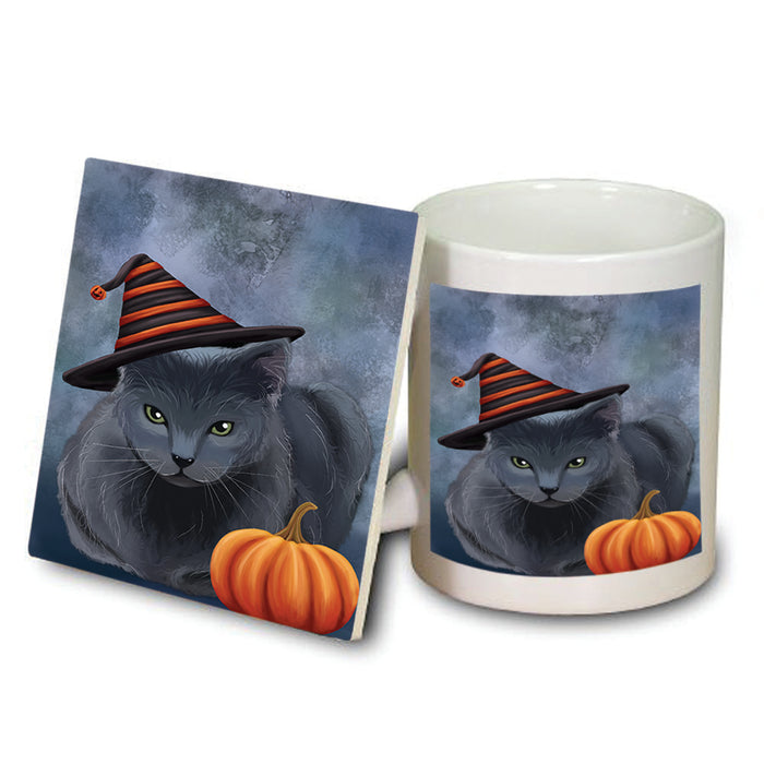 Happy Halloween Russian Blue Cat Wearing Witch Hat with Pumpkin Mug and Coaster Set MUC54794