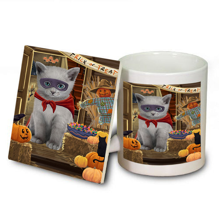 Enter at Own Risk Trick or Treat Halloween Russian Blue Cat Mug and Coaster Set MUC53242