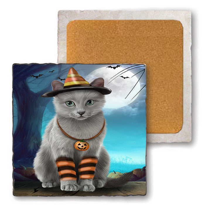 Happy Halloween Trick or Treat Russian Blue Cat Set of 4 Natural Stone Marble Tile Coasters MCST49525