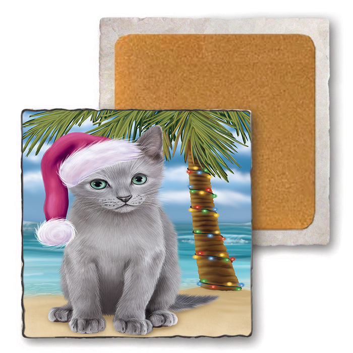 Summertime Happy Holidays Christmas Russian Blue Cat on Tropical Island Beach Set of 4 Natural Stone Marble Tile Coasters MCST49450