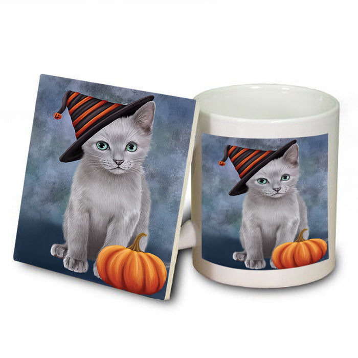 Happy Halloween Russian Blue Cat Wearing Witch Hat with Pumpkin Mug and Coaster Set MUC54733