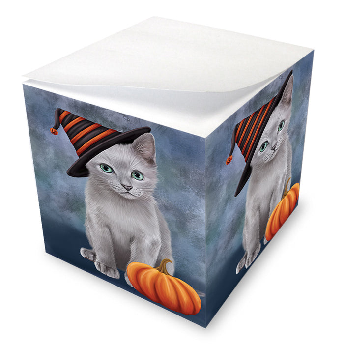 Happy Halloween Russian Blue Cat Wearing Witch Hat with Pumpkin Note Cube NOC56387