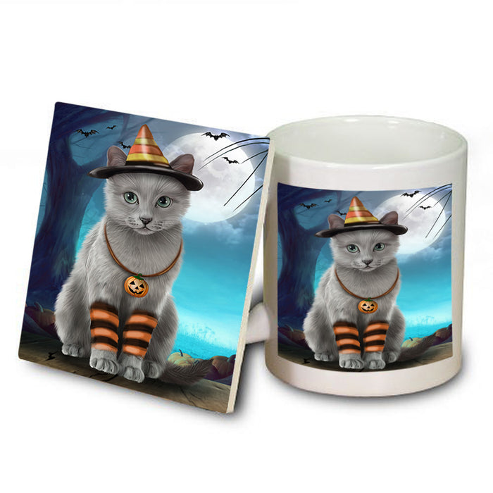 Happy Halloween Trick or Treat Russian Blue Cat Mug and Coaster Set MUC54517
