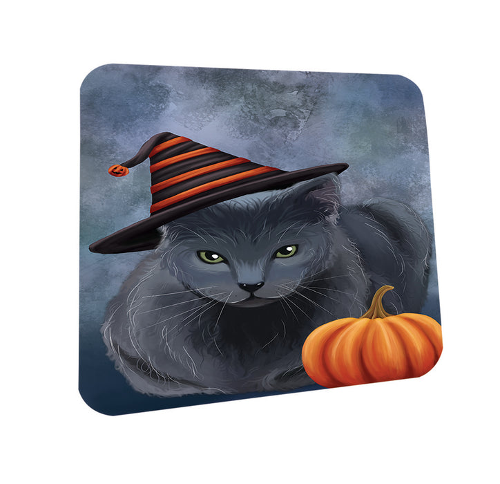 Happy Halloween Russian Blue Cat Wearing Witch Hat with Pumpkin Coasters Set of 4 CST54760