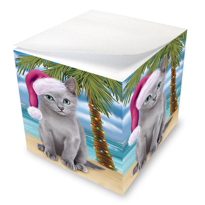 Summertime Happy Holidays Christmas Russian Blue Cat on Tropical Island Beach Note Cube NOC56096