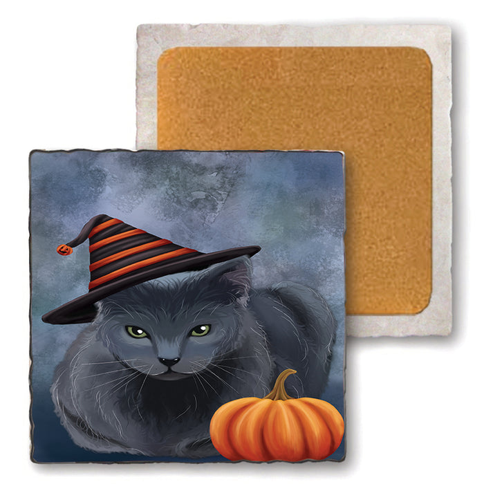 Happy Halloween Russian Blue Cat Wearing Witch Hat with Pumpkin Set of 4 Natural Stone Marble Tile Coasters MCST49802