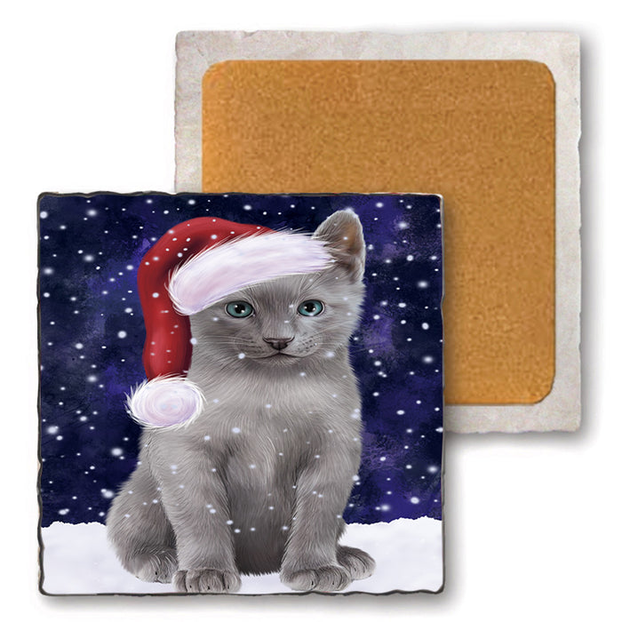 Let it Snow Christmas Holiday Russian Blue Cat Wearing Santa Hat Set of 4 Natural Stone Marble Tile Coasters MCST49321