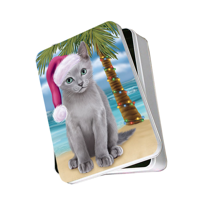 Summertime Happy Holidays Christmas Russian Blue Cat on Tropical Island Beach Photo Storage Tin PITN54393