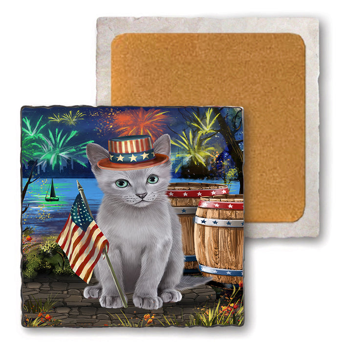 4th of July Independence Day Firework Russian Blue Cat Set of 4 Natural Stone Marble Tile Coasters MCST49068