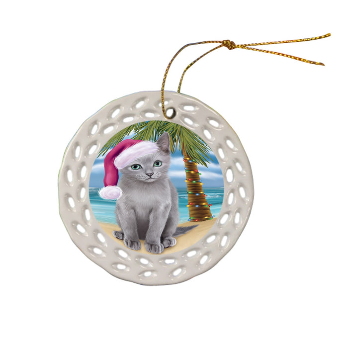 Summertime Happy Holidays Christmas Russian Blue Cat on Tropical Island Beach Ceramic Doily Ornament DPOR54578