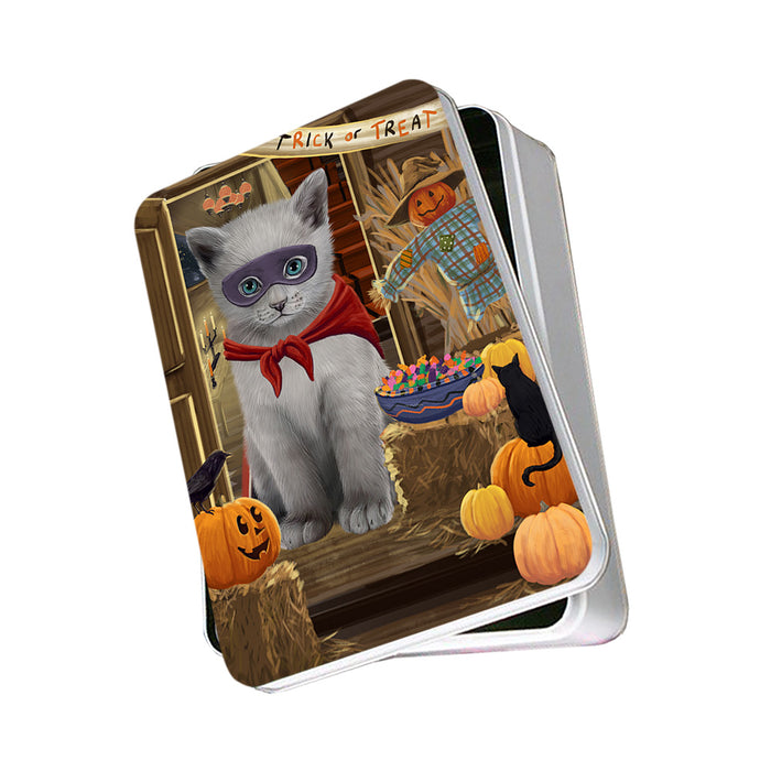 Enter at Own Risk Trick or Treat Halloween Russian Blue Cat Photo Storage Tin PITN53250