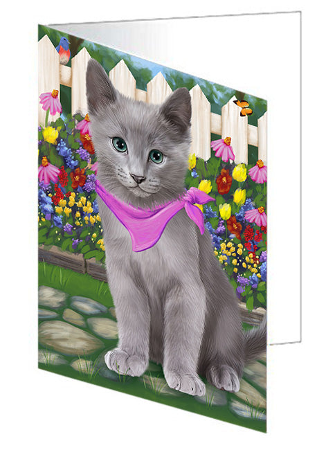 Spring Floral Russian Blue Cat Handmade Artwork Assorted Pets Greeting Cards and Note Cards with Envelopes for All Occasions and Holiday Seasons GCD60845