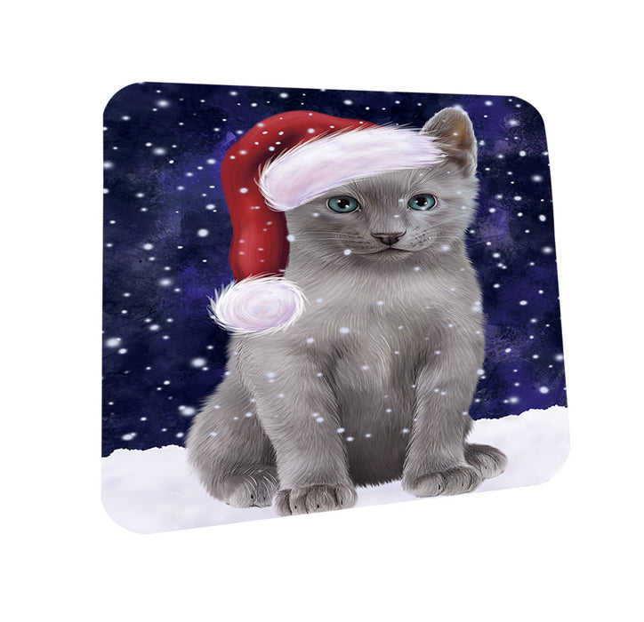 Let it Snow Christmas Holiday Russian Blue Cat Wearing Santa Hat Coasters Set of 4 CST54279