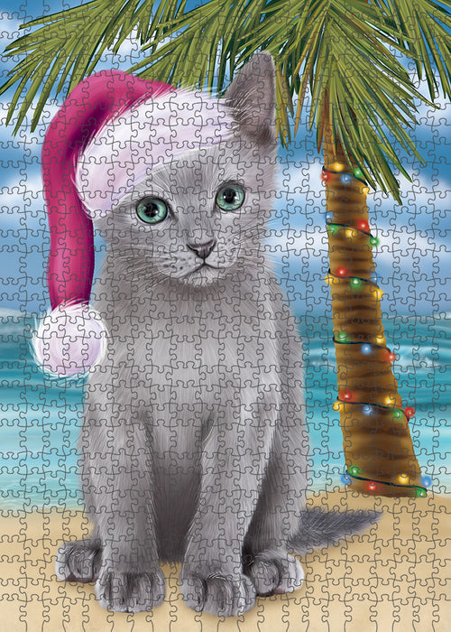 Summertime Happy Holidays Christmas Russian Blue Cat on Tropical Island Beach Puzzle with Photo Tin PUZL85468