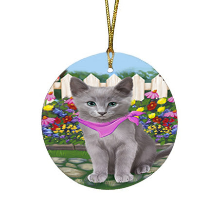 Spring Floral Russian Blue Cat Round Flat Christmas Ornament RFPOR52263