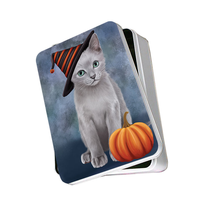Happy Halloween Russian Blue Cat Wearing Witch Hat with Pumpkin Photo Storage Tin PITN54684