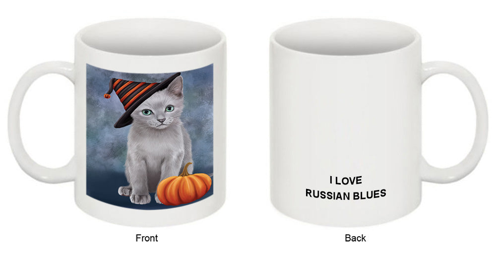 Happy Halloween Russian Blue Cat Wearing Witch Hat with Pumpkin Coffee Mug MUG50139