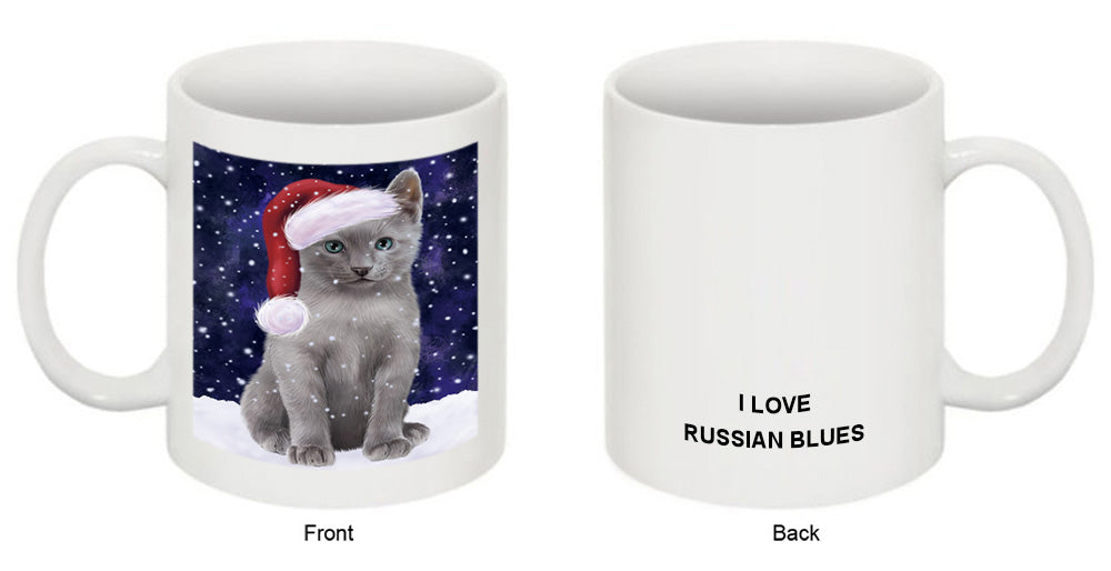 Let it Snow Christmas Holiday Russian Blue Cat Wearing Santa Hat Coffee Mug MUG49719