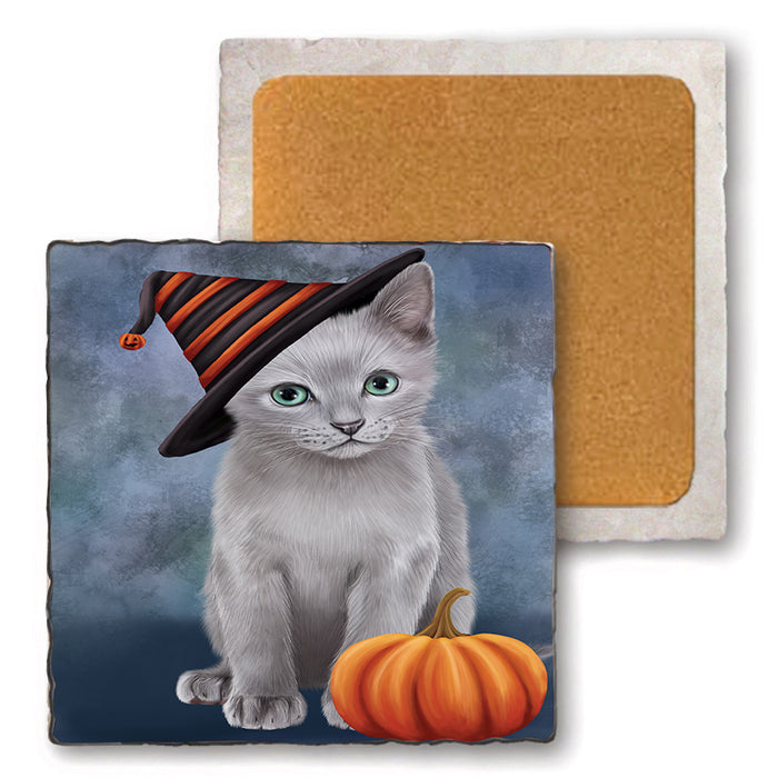 Happy Halloween Russian Blue Cat Wearing Witch Hat with Pumpkin Set of 4 Natural Stone Marble Tile Coasters MCST49741