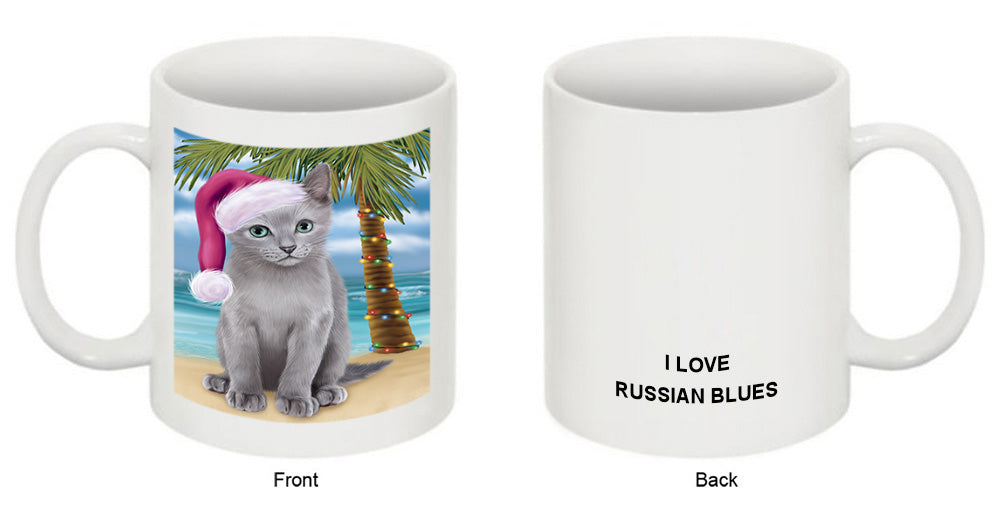 Summertime Happy Holidays Christmas Russian Blue Cat on Tropical Island Beach Coffee Mug MUG49848