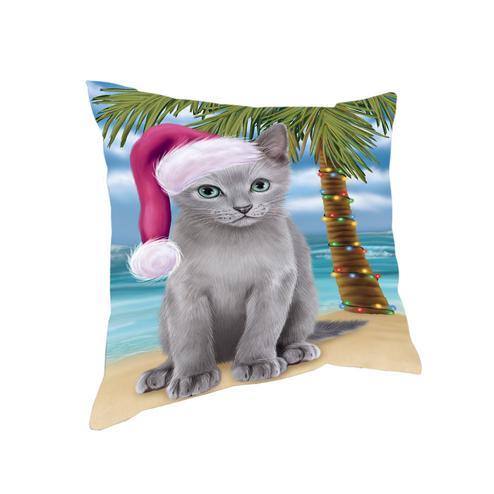 Summertime Happy Holidays Christmas Russian Blue Cat on Tropical Island Beach Pillow PIL74936