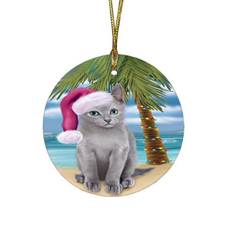 Summertime Happy Holidays Christmas Russian Blue Cat on Tropical Island Beach Round Flat Christmas Ornament RFPOR54569