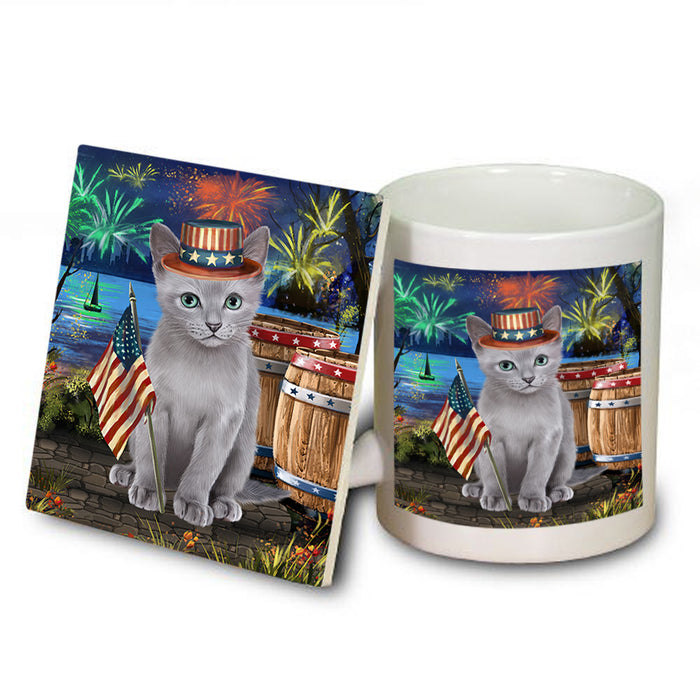 4th of July Independence Day Firework Russian Blue Cat Mug and Coaster Set MUC54060
