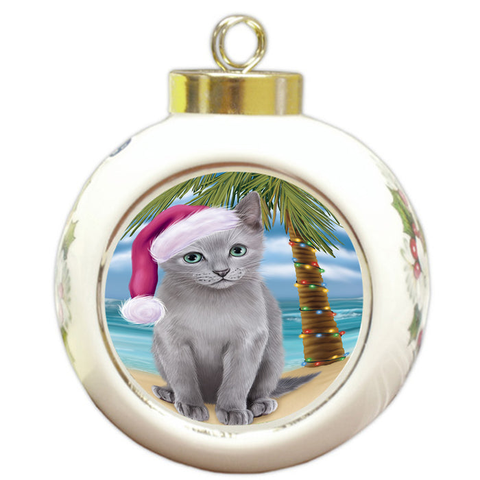 Summertime Happy Holidays Christmas Russian Blue Cat on Tropical Island Beach Round Ball Christmas Ornament RBPOR54578