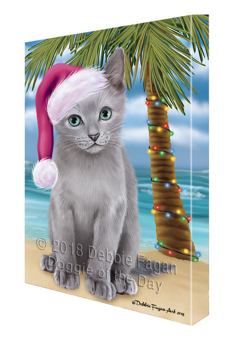 Summertime Happy Holidays Christmas Russian Blue Cat on Tropical Island Beach Canvas Print Wall Art Décor CVS109052