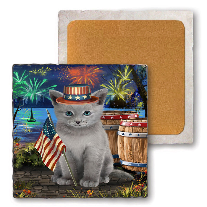 4th of July Independence Day Firework Russian Blue Cat Set of 4 Natural Stone Marble Tile Coasters MCST49069