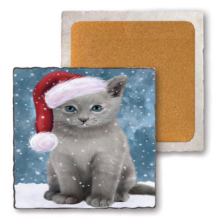 Let it Snow Christmas Holiday Russian Blue Cat Wearing Santa Hat Set of 4 Natural Stone Marble Tile Coasters MCST49322