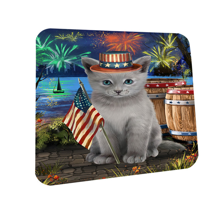 4th of July Independence Day Firework Russian Blue Cat Coasters Set of 4 CST54027