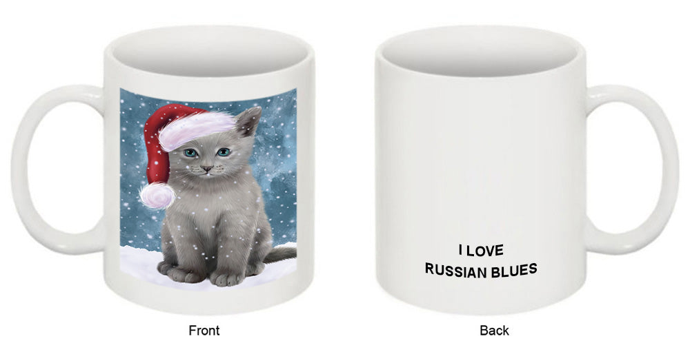 Let it Snow Christmas Holiday Russian Blue Cat Wearing Santa Hat Coffee Mug MUG49720