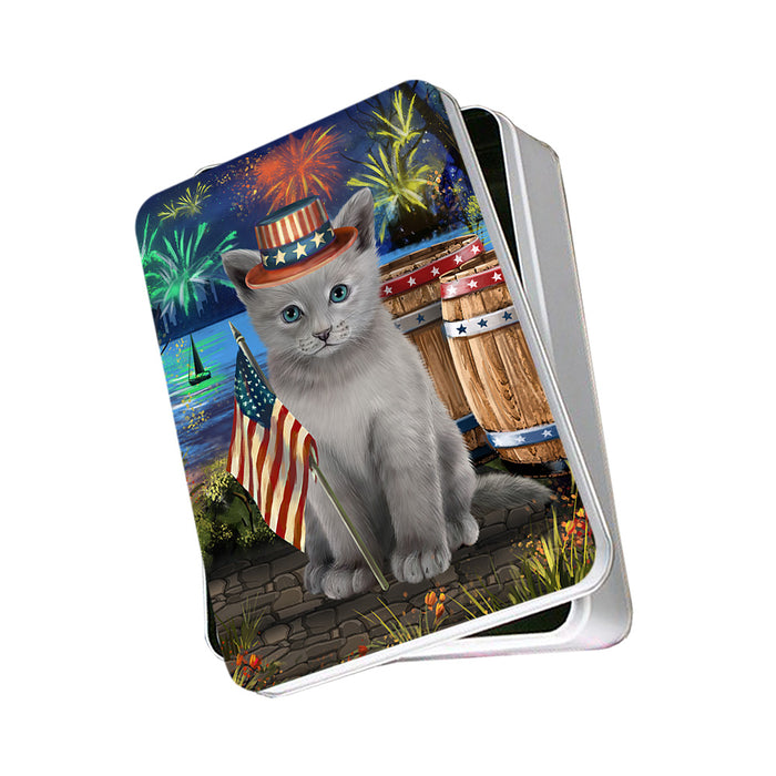4th of July Independence Day Firework Russian Blue Cat Photo Storage Tin PITN54012