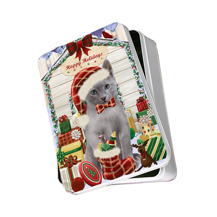 Happy Holidays Christmas Russian Blue Cat With Presents Photo Storage Tin PITN52680