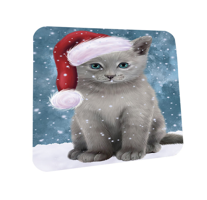 Let it Snow Christmas Holiday Russian Blue Cat Wearing Santa Hat Coasters Set of 4 CST54280
