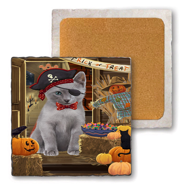 Enter at Own Risk Trick or Treat Halloween Russian Blue Cat Set of 4 Natural Stone Marble Tile Coasters MCST48251