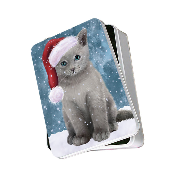 Let it Snow Christmas Holiday Russian Blue Cat Wearing Santa Hat Photo Storage Tin PITN54265