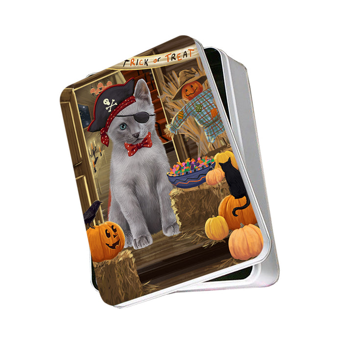 Enter at Own Risk Trick or Treat Halloween Russian Blue Cat Photo Storage Tin PITN53251